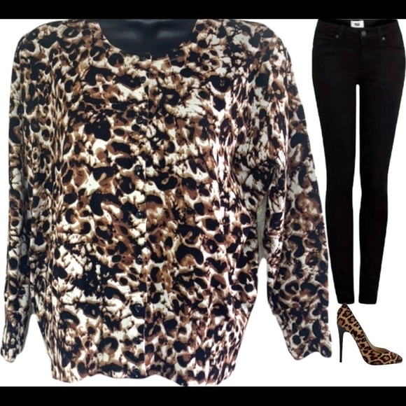 Cable&Gauge Brown/Cream Animal Print Cardigan/Sweater Size L - Picture 11 of 12